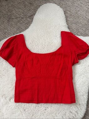 Abercrombie & Fitch Red Square Neck Puff Sleeve Crop Top